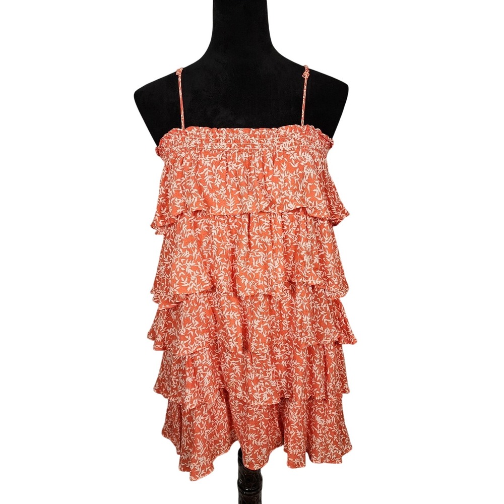 OLIVACEOUS Size Medium Flirty Tiered Ruffled Orange Leaf Summer‎ Mini Dress Boho